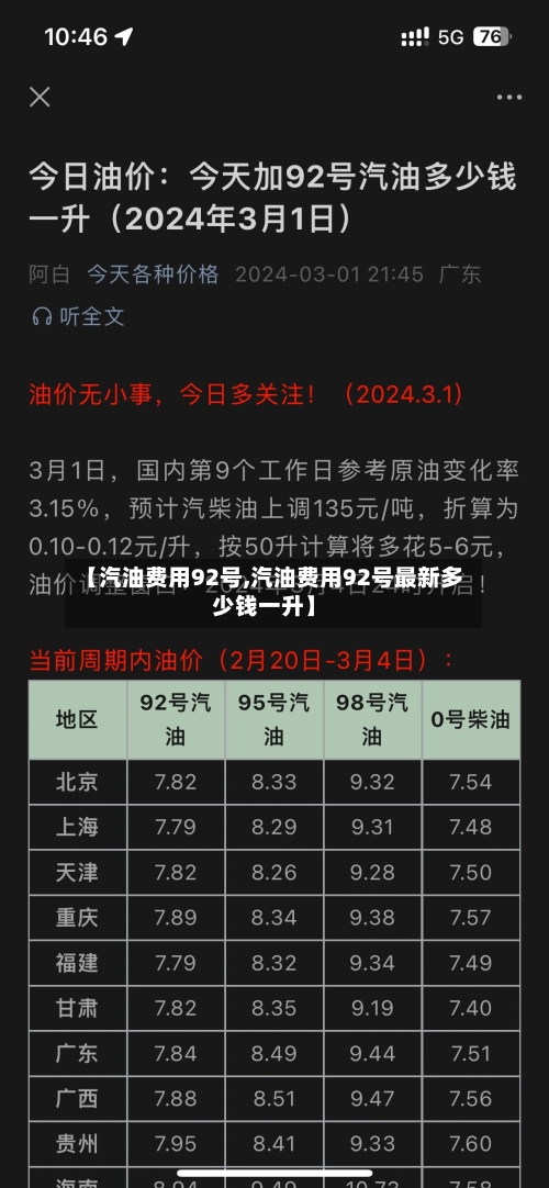 【汽油费用92号,汽油费用92号最新多少钱一升】